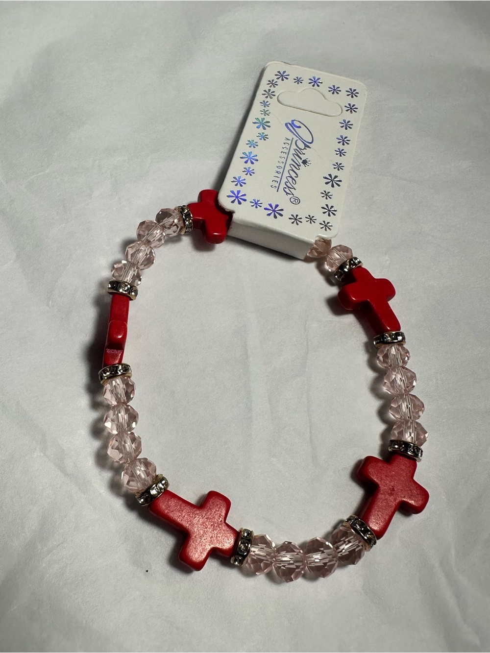 Red Cross Beaded Stretch Bracelet with Crystal Accents